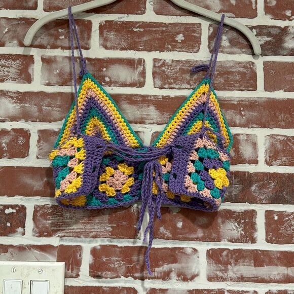 Handmade Crochet Grandmacore Knit Multi Colored Triangle Bikini Top One Size - Picture 2 of 6